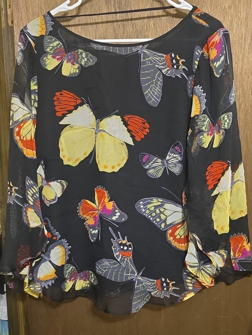 Women's Black Butterfly Print Blouse - Sheer Long Sleeve Top